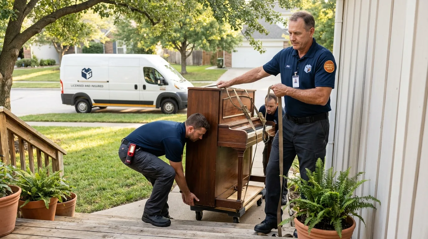 Licensed piano movers securing grand piano in Orland Park, IL