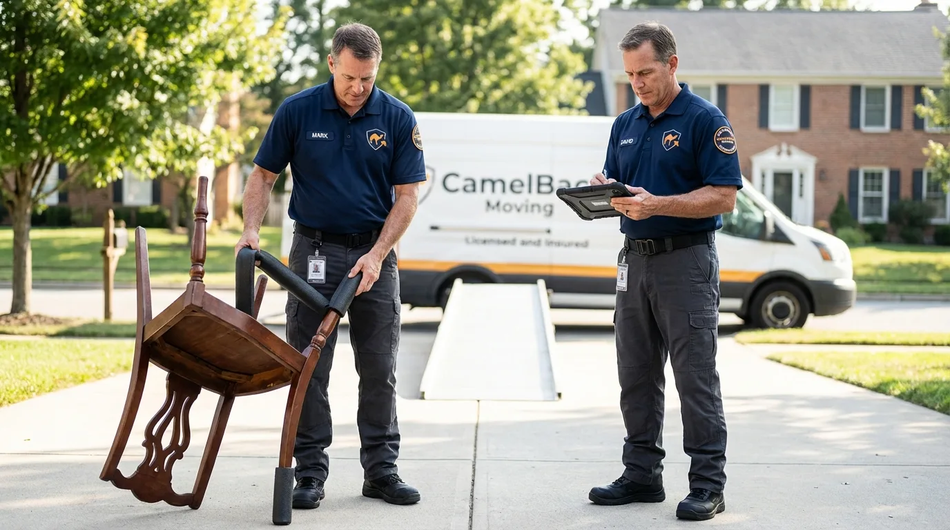 Movers inspecting furniture for damage prevention before loading in Orland Park, IL